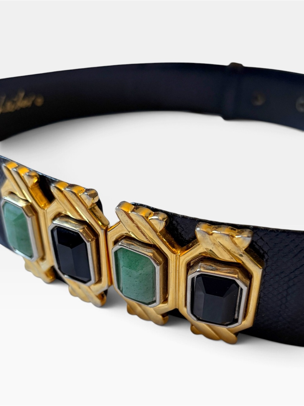 Judith Leiber 80s Black Leather Belt Art Deco Gems Designer Statement Belt